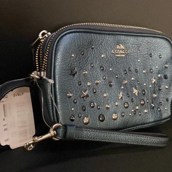 Coach Crossbody Metallic Blue Studded Rivets Star NASA Wristlet Bag Purse Wallet - Picture 4 of 15